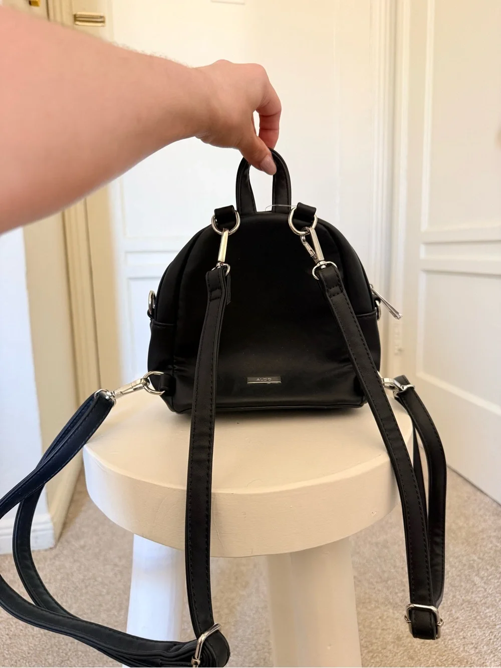 ALDO Black Mini Backpack with Silver Rhinestone Panels